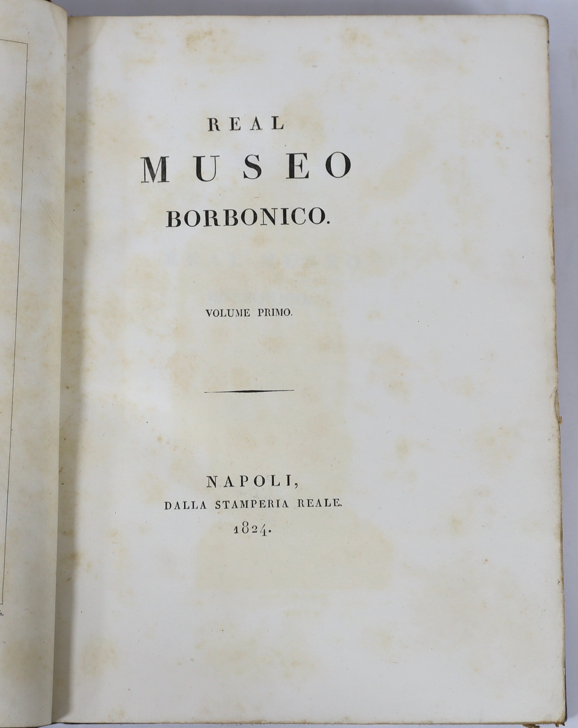 Real Museo Borbonico. vols. I-12 (only, ex 16). many engraved plates (some folded); mid 19th cent. gilt ruled maroon half morocco and cloth with panelled spines and gilt tops, 4to. Naples, 1824-39